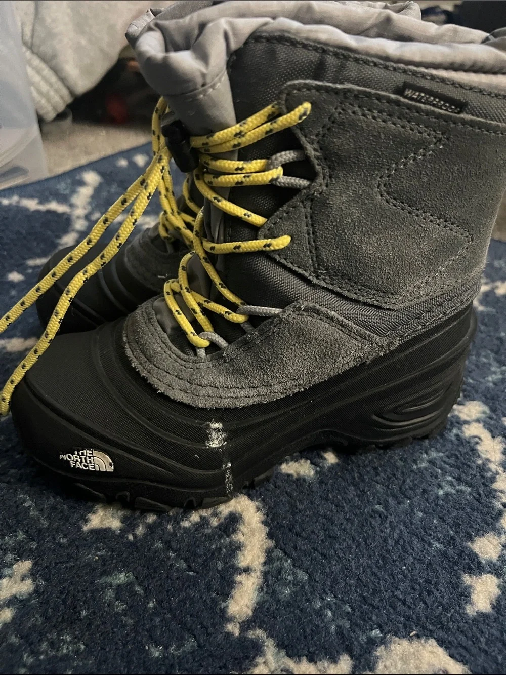 The North Face Kids Gray Suede Winter Boots with Yellow Laces